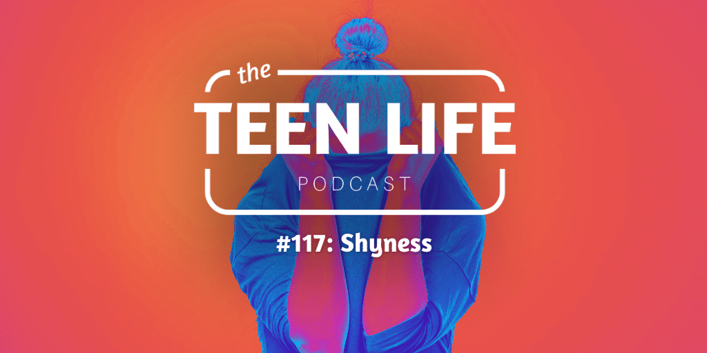 Image of girl hiding her face in her sweater. Text overlay reads the teen life podcast: shyness.